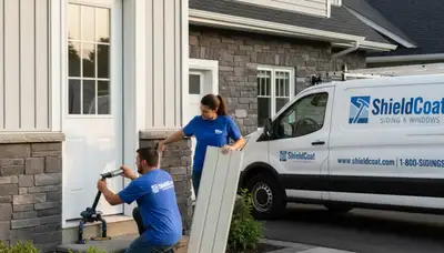 Technician repairing exterior vinyl door frame on Atlanta GA home for Next Level Exteriors service page