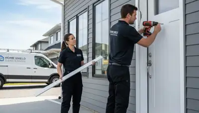 Technician repairing vinyl door exterior in Atlanta, GA for Next Level Exteriors service page