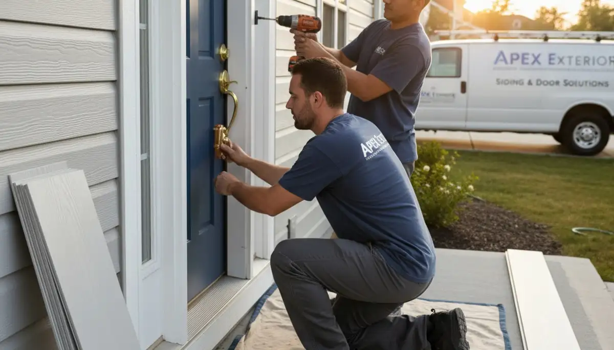 Technician repairing exterior door frame on vinyl-sided home in Atlanta, GA