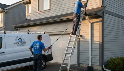 Technician cleaning house gutters in Atlanta GA for professional vinyl siding maintenance service