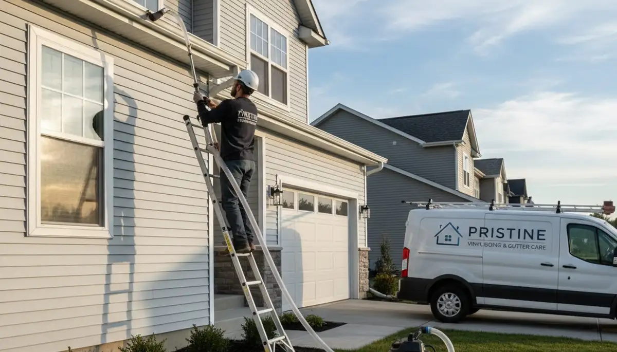 Professional gutter cleaning service on a vinyl-sided home in Atlanta, GA by Next Level Exteriors