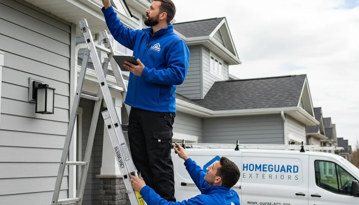 Technician performing gutter inspection on vinyl siding home in Atlanta, GA