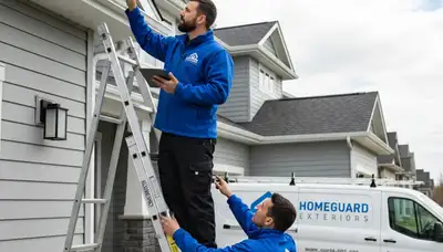 Technician performing gutter inspection on vinyl siding home in Atlanta, GA