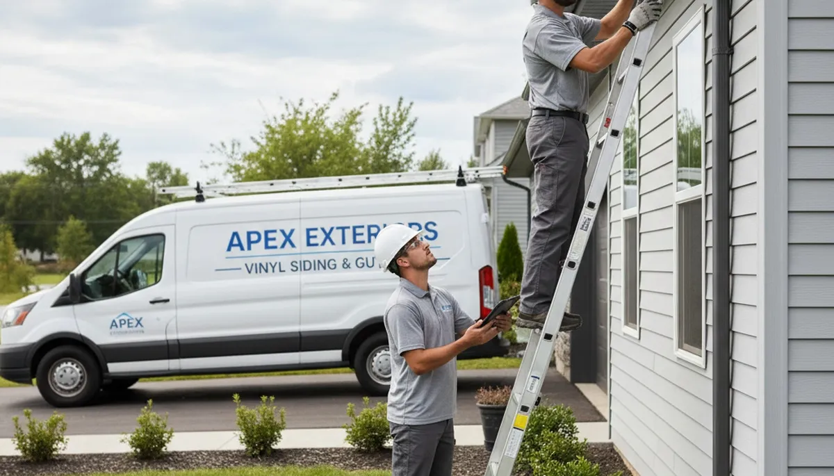 Technician performing gutter inspection on vinyl-sided home in Atlanta, GA