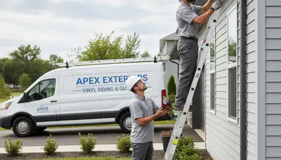 Technician performing gutter inspection on vinyl-sided home in Atlanta, GA