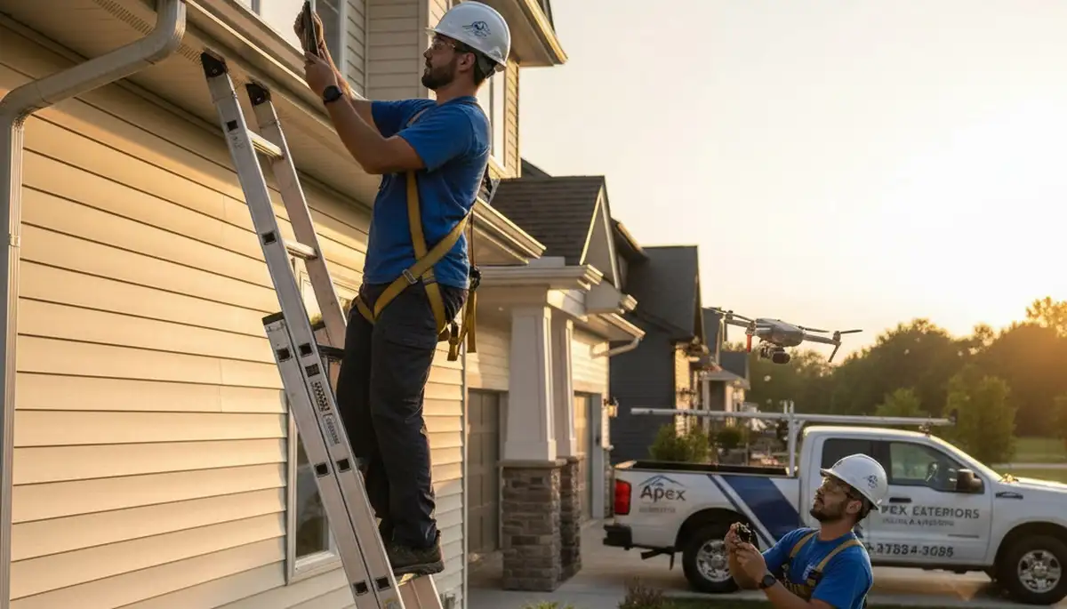 Technician performing gutter inspection on Atlanta GA home with vinyl siding exterior