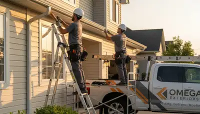 Technician performing gutter repair on home with vinyl siding in Atlanta, GA