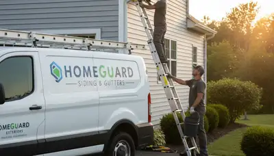 Technician repairing residential gutters and vinyl siding in Atlanta, GA for storm damage protection