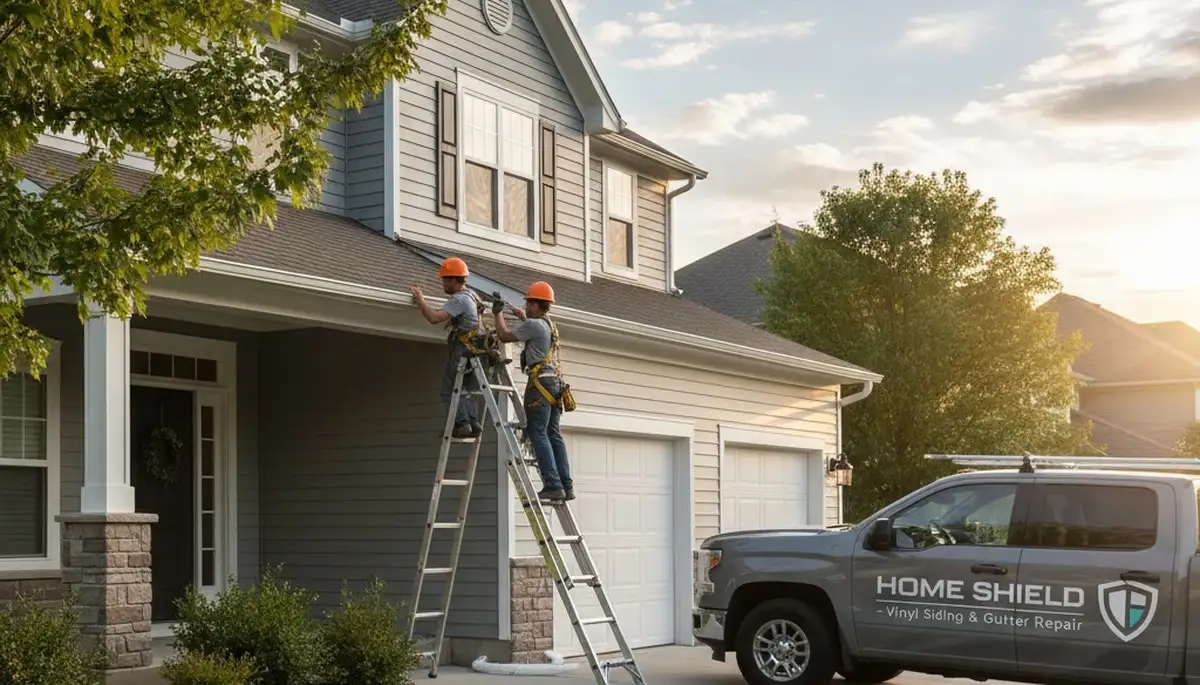 Technician repairing home gutters and vinyl siding in Atlanta GA to fix leaks and storm damage