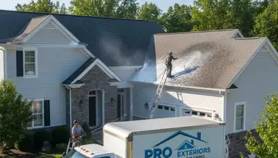 Technician roof cleaning vinyl siding home exterior in Atlanta, GA by Next Level Exteriors