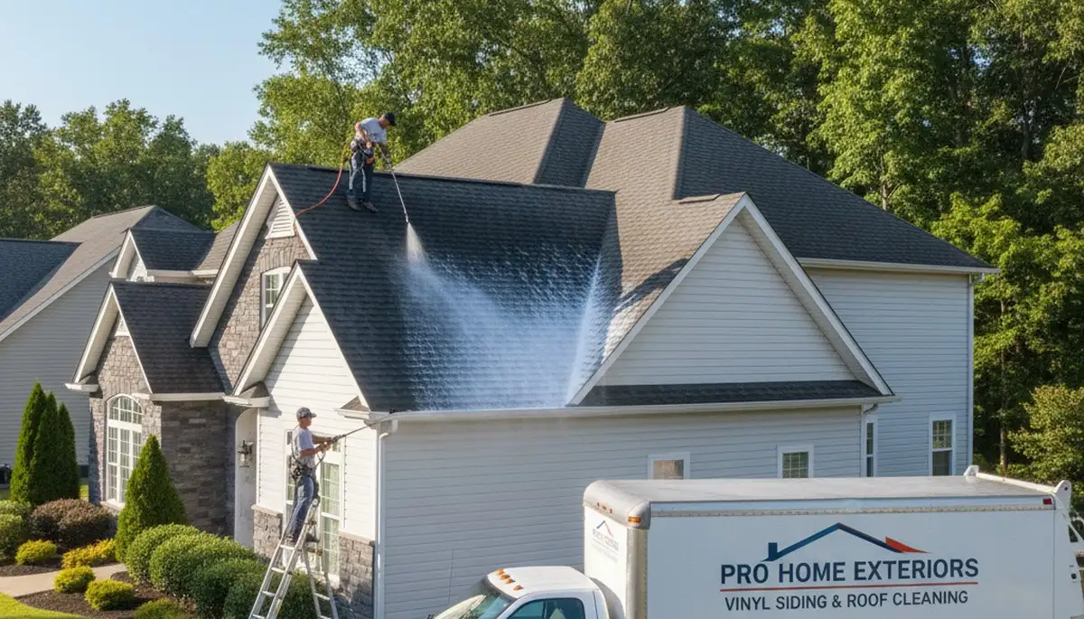 Technician cleaning algae from residential roof in Atlanta GA for Next Level Exteriors