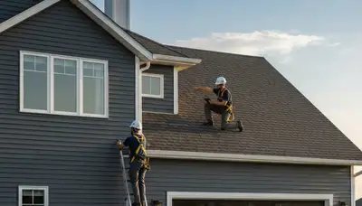 Technician performing roof inspection on Atlanta GA home with vinyl siding exterior