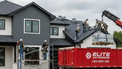 Roof installation experts fitting new shingles on a home in Atlanta, GA by Next Level Exteriors