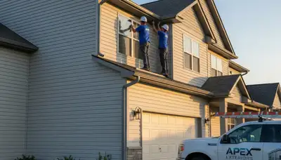Seamless gutter installation on Atlanta GA home exterior by Next Level Exteriors vinyl siding experts