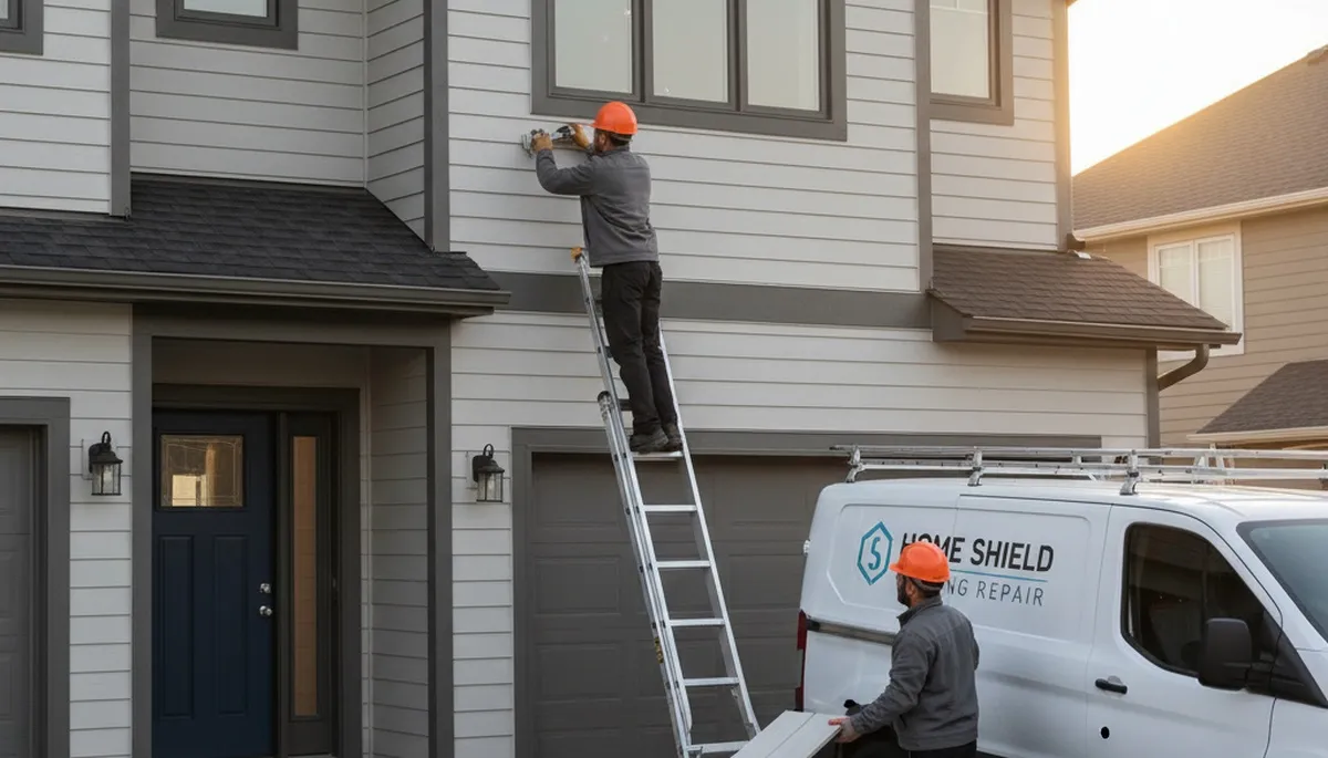 Technician repairing damaged vinyl siding on home exterior in Atlanta, GA