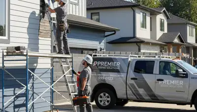 Technician repairing damaged vinyl siding on Atlanta GA home exterior