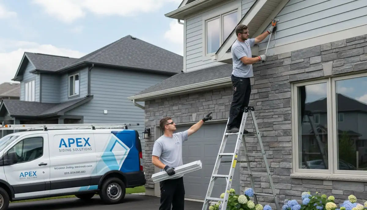 Technician repairing damaged vinyl siding on Atlanta GA home exterior by Next Level Exteriors