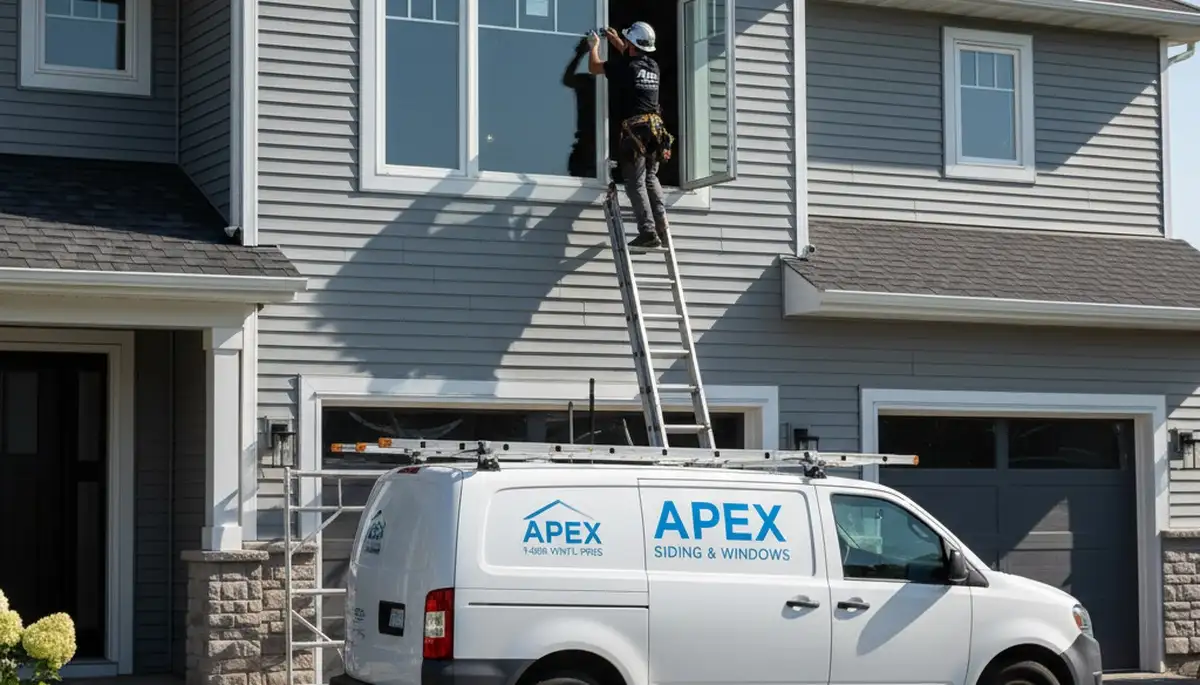Technician repairing house window with new vinyl siding in Atlanta, GA home exterior